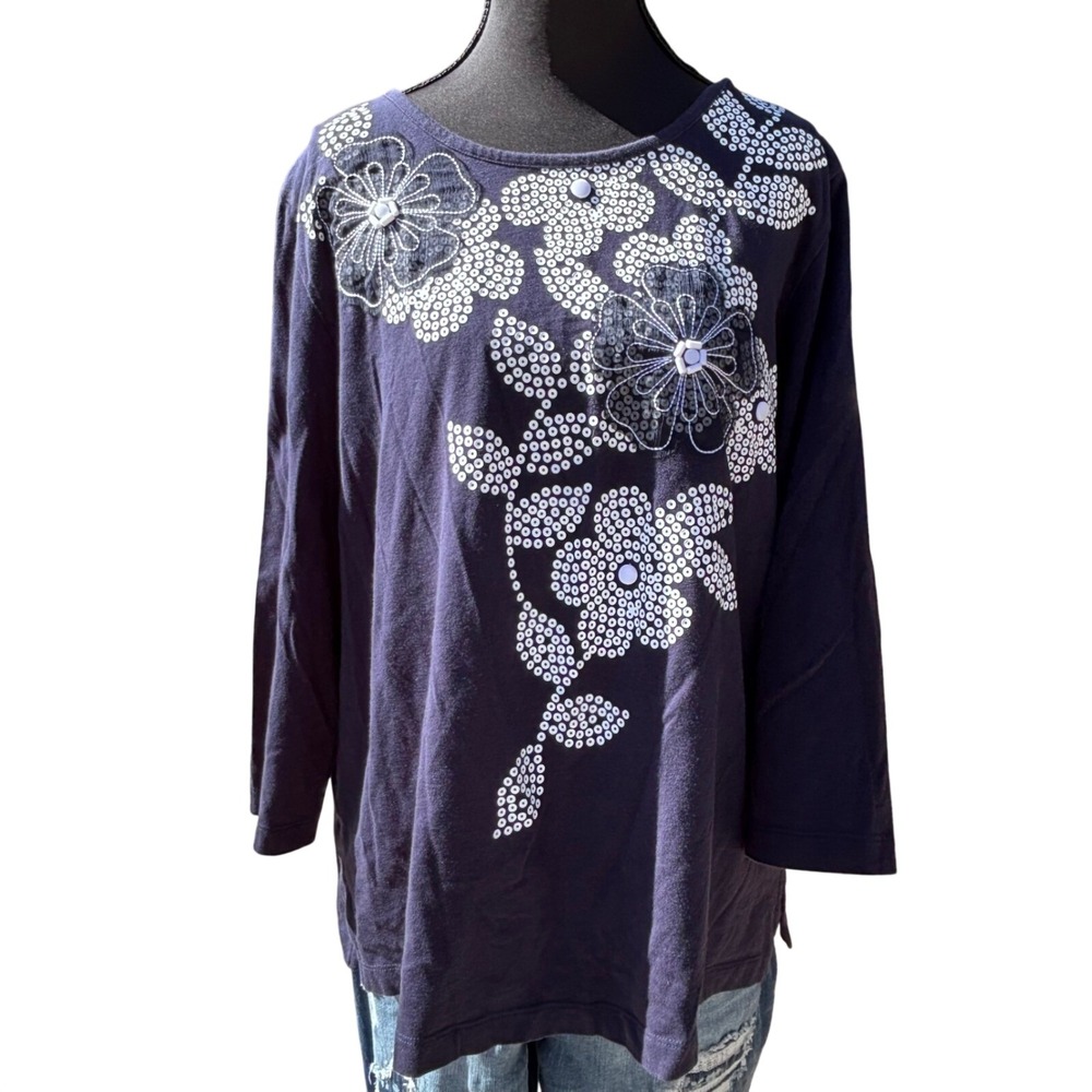 Y2K Alfred Dunner Floral embellished top size L navy grandma chic cottagecore